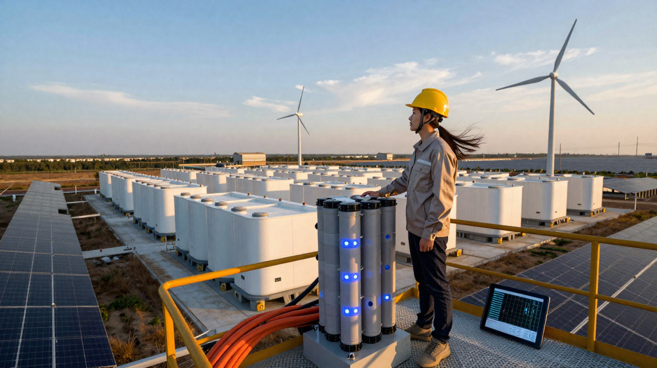 Técnico com capacete amarelo supervisiona instalação de baterias eólicas e solares numa central de energia renovável.