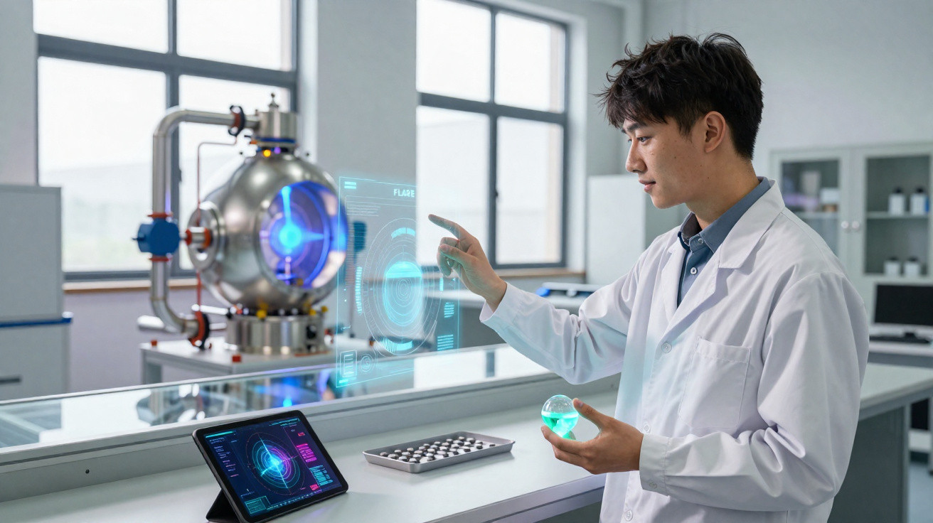 Cientista em laboratório moderno interage com interface digital holográfica enquanto segura tubo de ensaio com líquido azul.