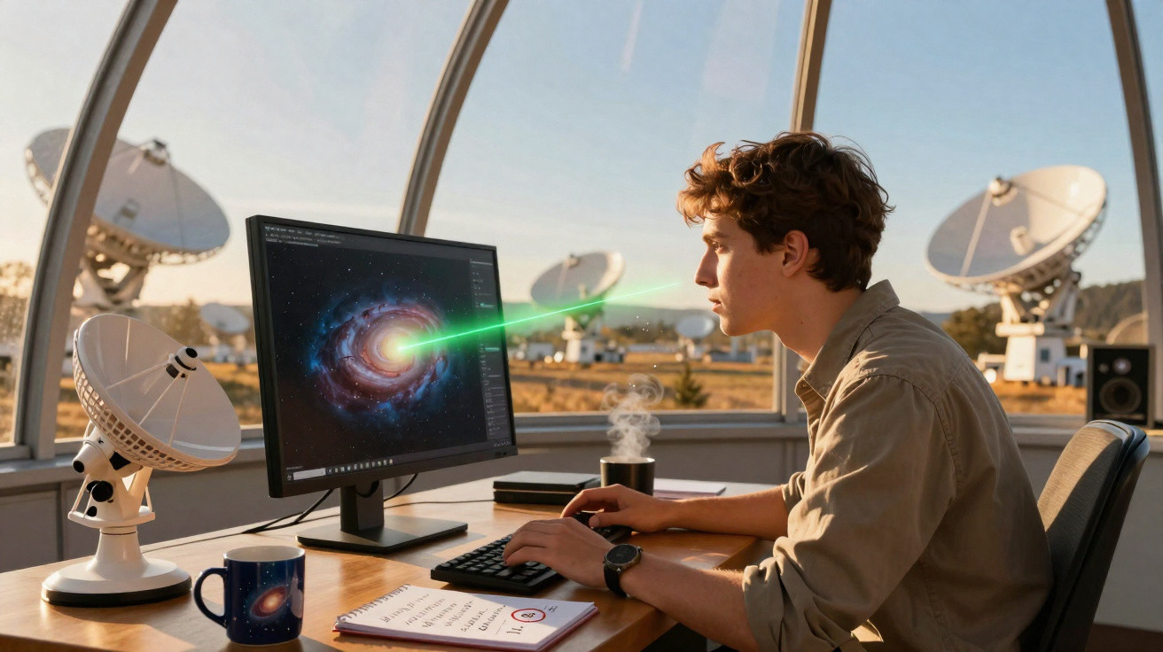 Jovem sentado numa mesa a observar uma galáxia no ecrã do computador com antenas parabólicas ao fundo.