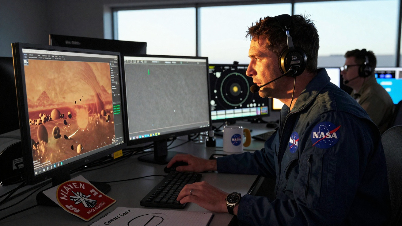 Homem com fato NASA e auscultadores trabalha em computador com imagens espaciais num ambiente de controlo.