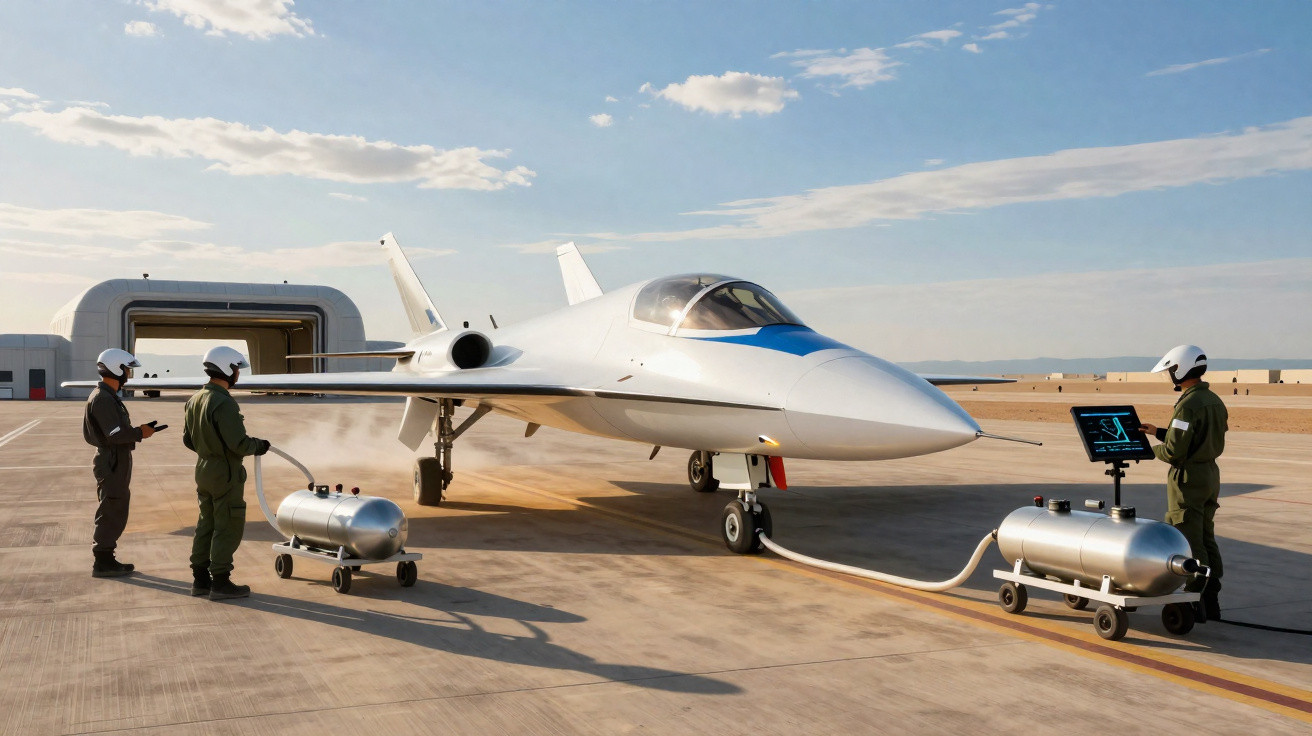 Aeronave futurista em pista com três técnicos em fatos de voo operando equipamentos de manutenção.