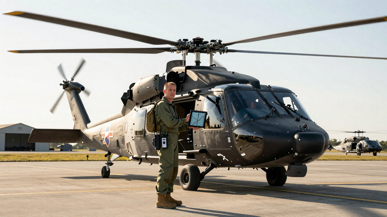 Homem em fato militar junto a helicóptero preto estacionado numa pista de aeroporto ao ar livre.