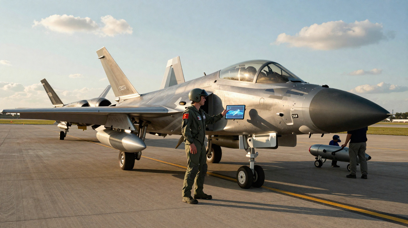 Caça militar estacionado numa pista com piloto e técnicos a preparar equipamento.