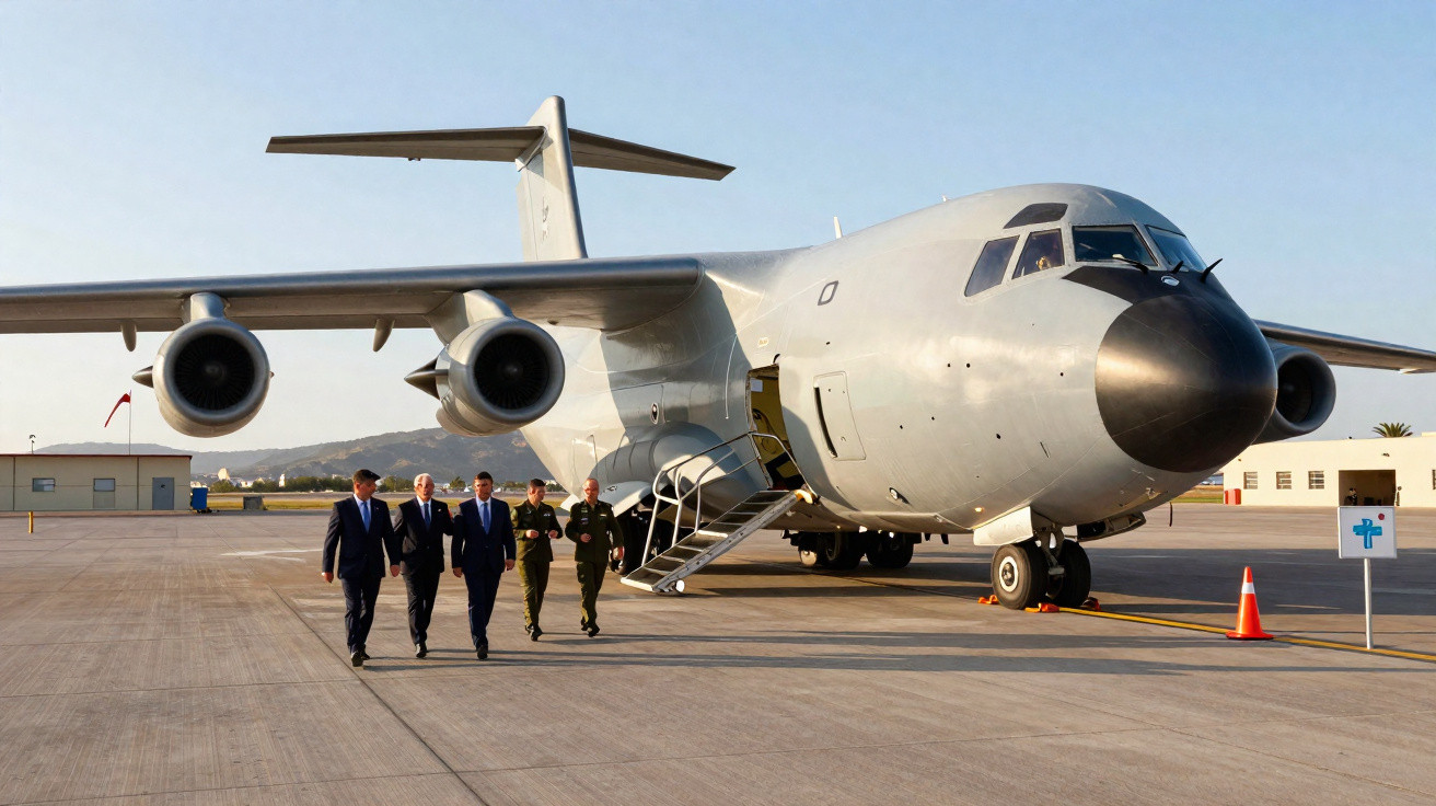 Avião militar estacionado na pista com cinco pessoas a caminhar em direção à câmara.