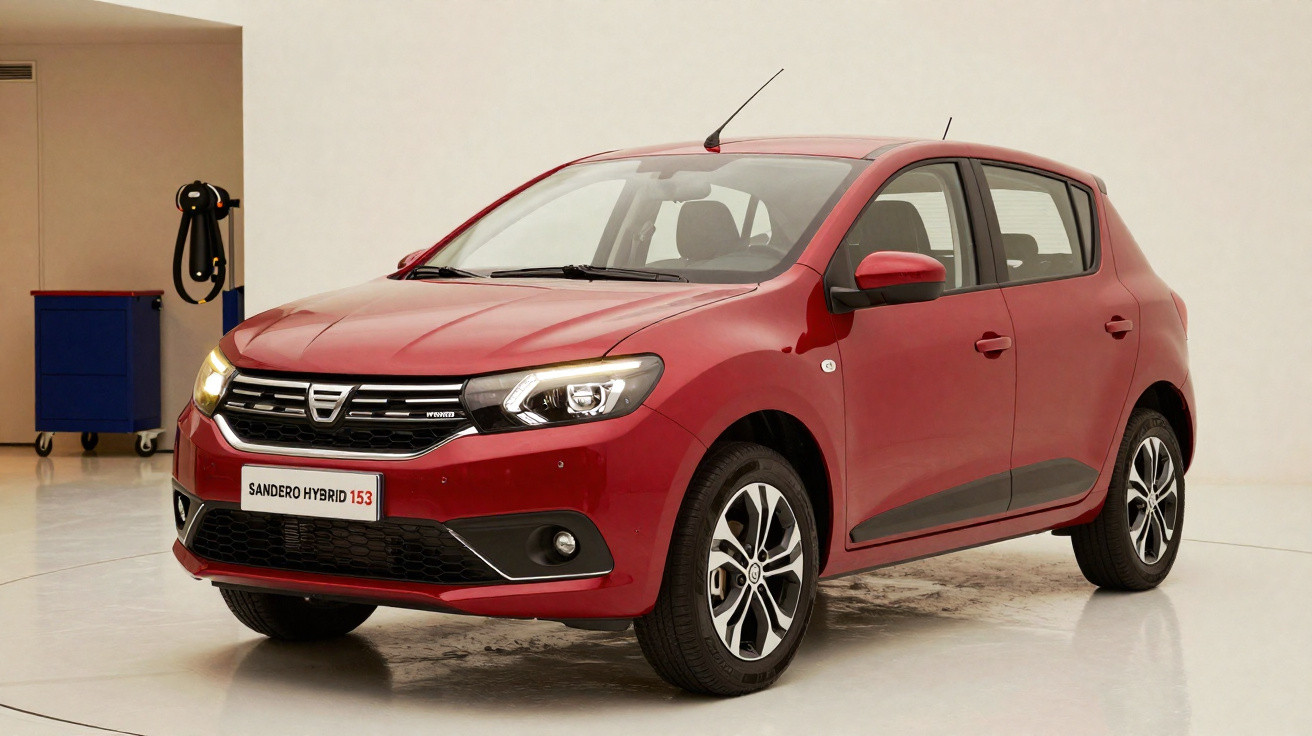 Carro Dacia Sandero Hybrid vermelho estacionado em interior com paredes claras e equipamento de oficina.