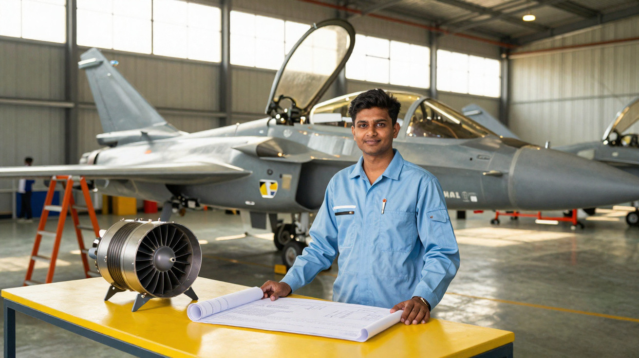Homem em uniforme azul em hangar com avião militar e motor de avião sobre mesa amarela.