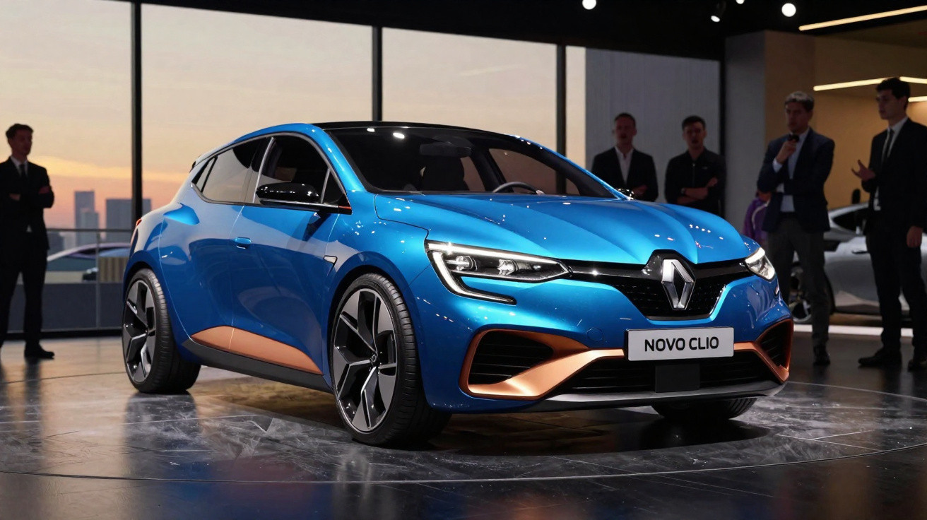 Carro azul Renault Novo Clio exposto num salão com pessoas ao fundo e luz suave do pôr do sol.