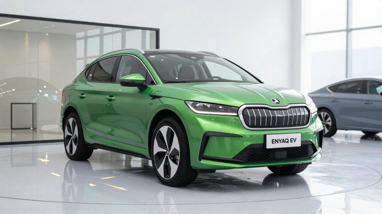 Automóvel elétrico verde Škoda Enyaq EV exposto numa sala branca com chão brilhante.