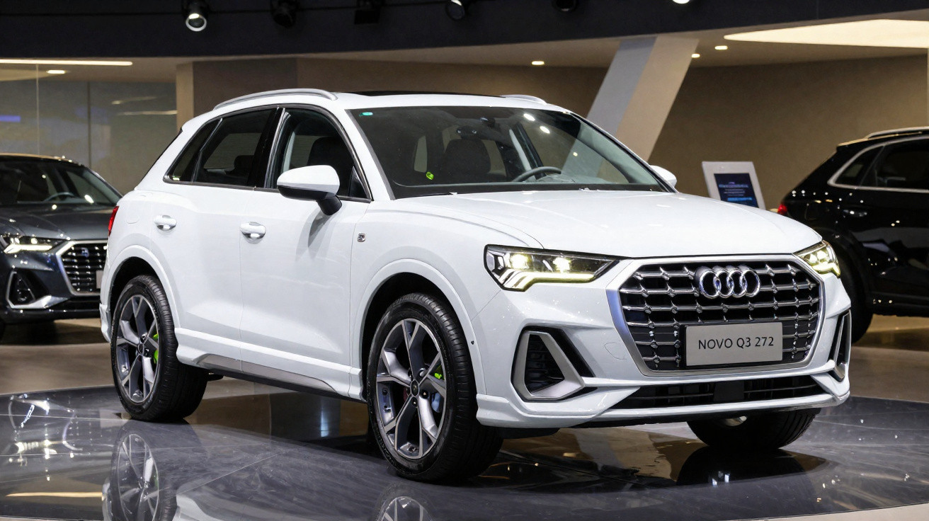 Carro Audi Q3 2023 branco exposto em salão automóvel com faróis dianteiros acesos.
