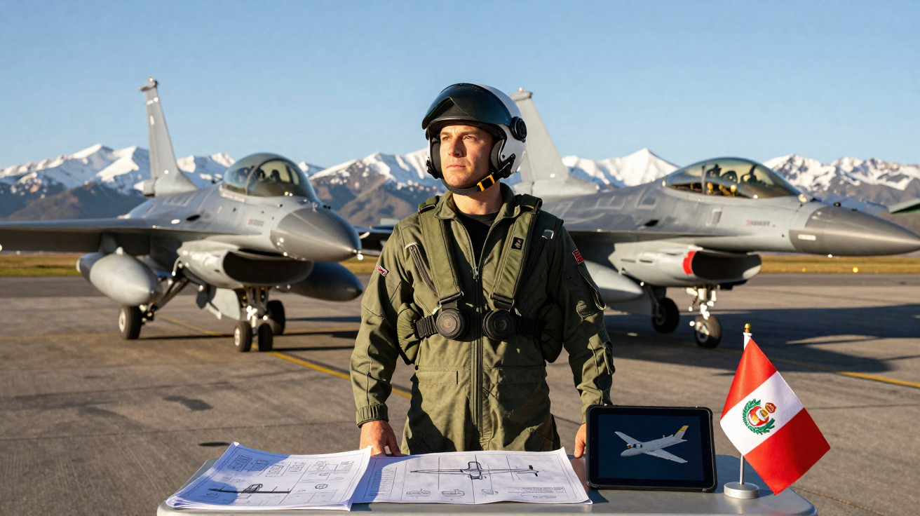 Piloto militar junto a dois jatos de combate, com mapas, tablet e bandeira do Peru numa pista de avião.