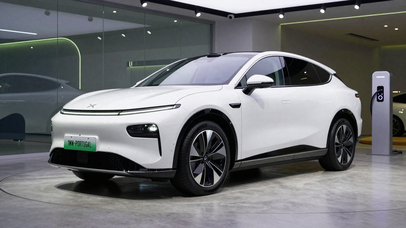 Carro elétrico branco estacionado em showroom moderno com parede de vidro e estação de carregamento.