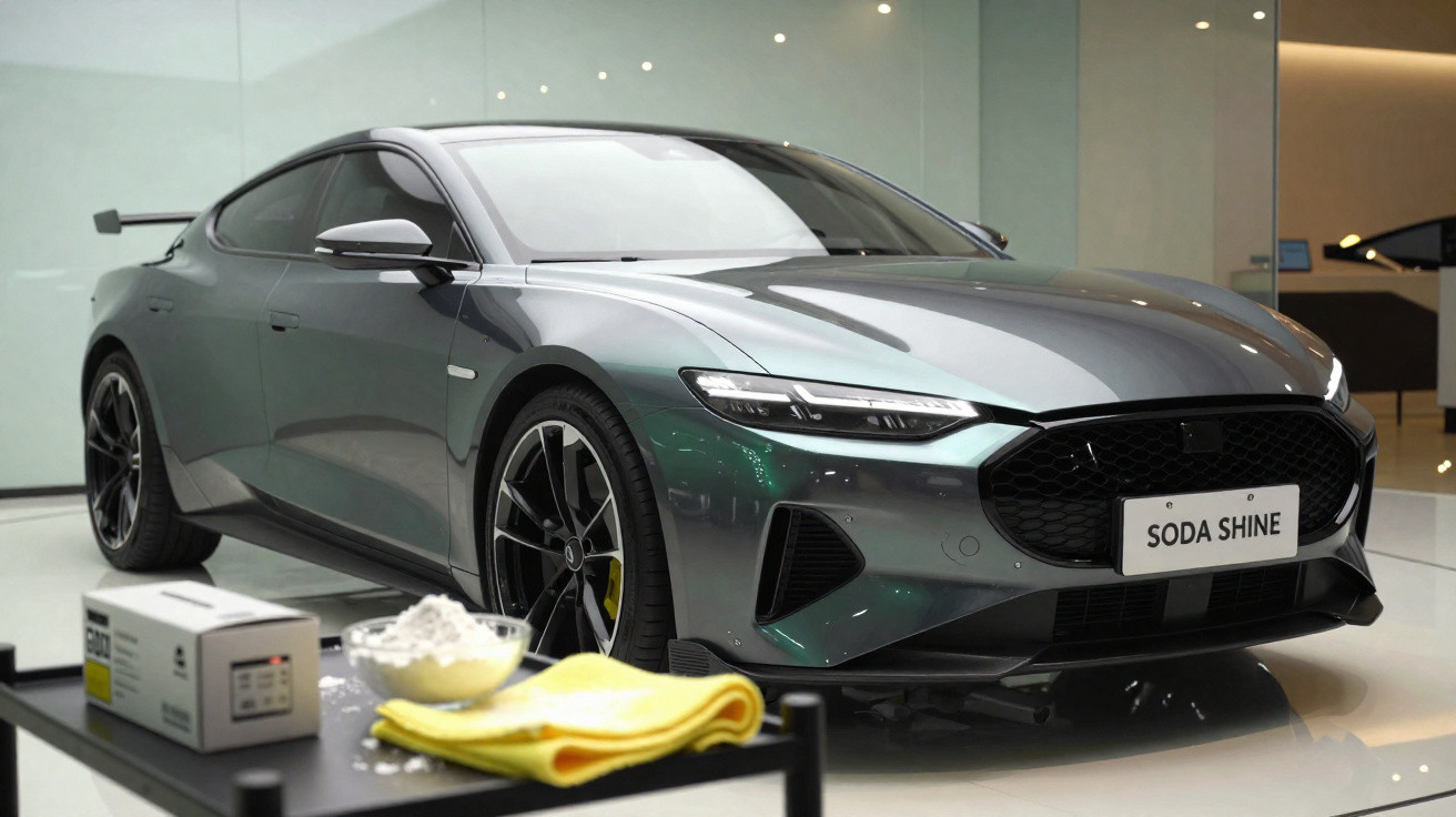 Carro desportivo cinzento com design moderno em exposição em ambiente interior.