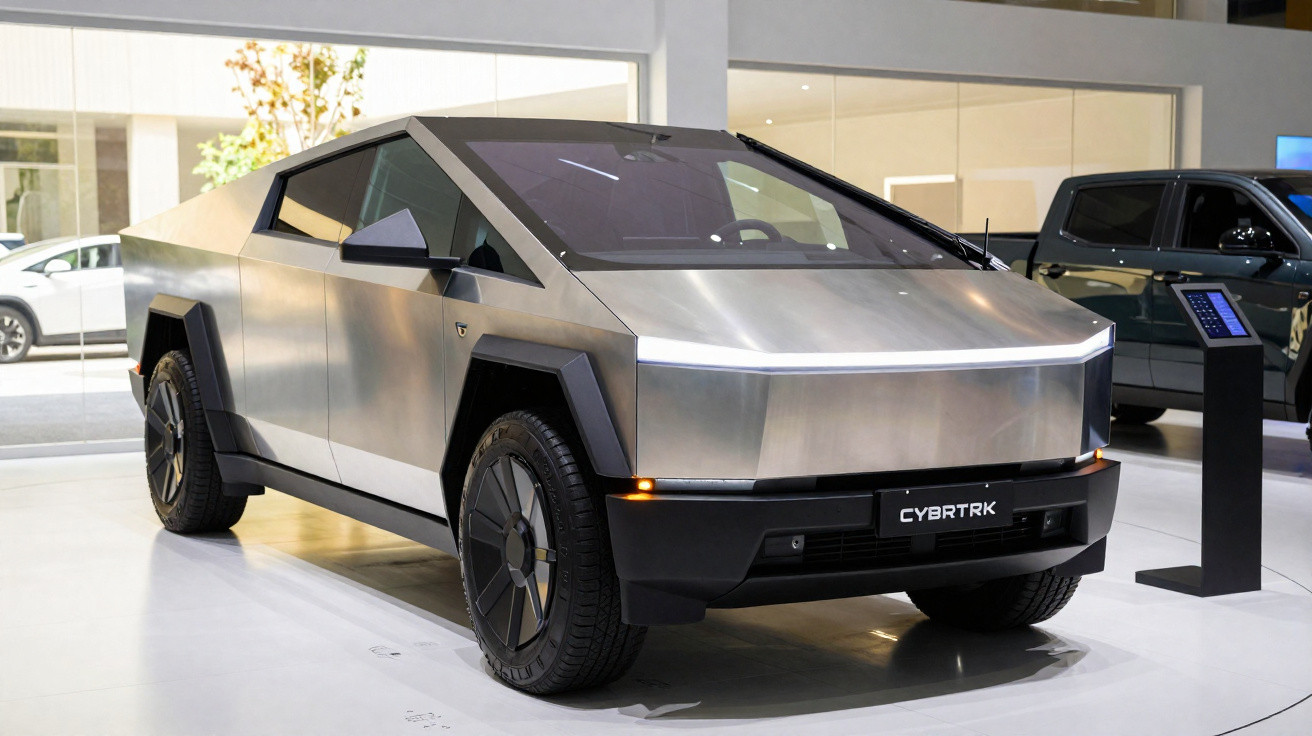 Carro elétrico Tesla Cybertruck prateado exibido numa sala de exposição moderna.