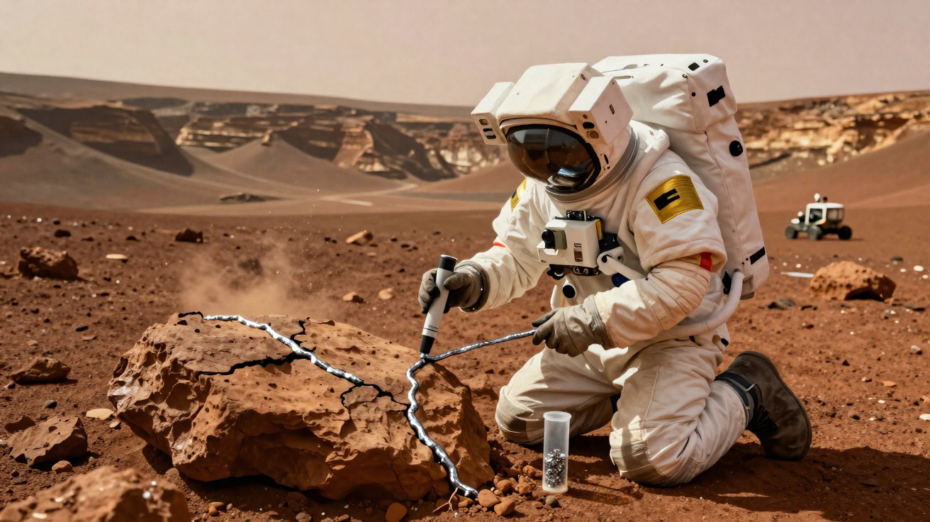 Astronauta em fato espacial analisa rocha vermelha rachada numa paisagem marciana desértica.