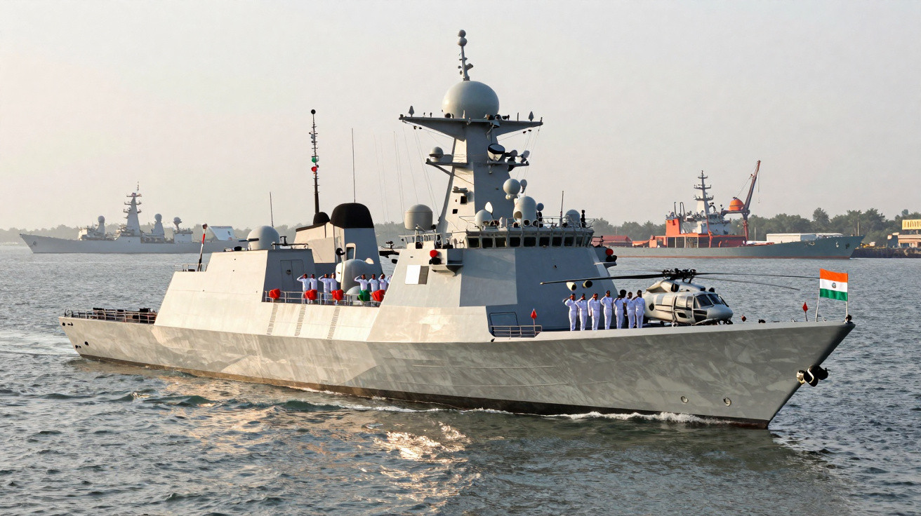 Navio de guerra moderno da marinha indiana com tripulantes em uniforme branco e helicóptero a bordo.