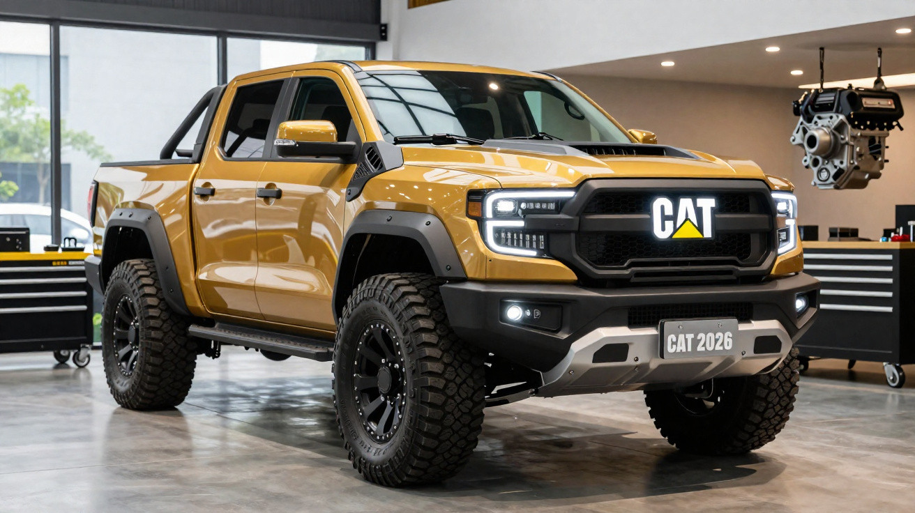 Pickup CAT amarela 2026 em oficina, com pneus robustos e faróis acesos.