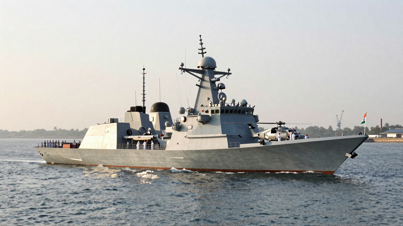 Destróier militar cinzento a navegar em mar calmo com tripulação visível no convés e bandeira indiana na popa.