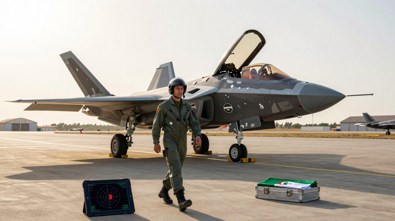 Piloto militar com fato de voo e capacete caminha perto de caça F-35 estacionado numa pista de aeroporto.
