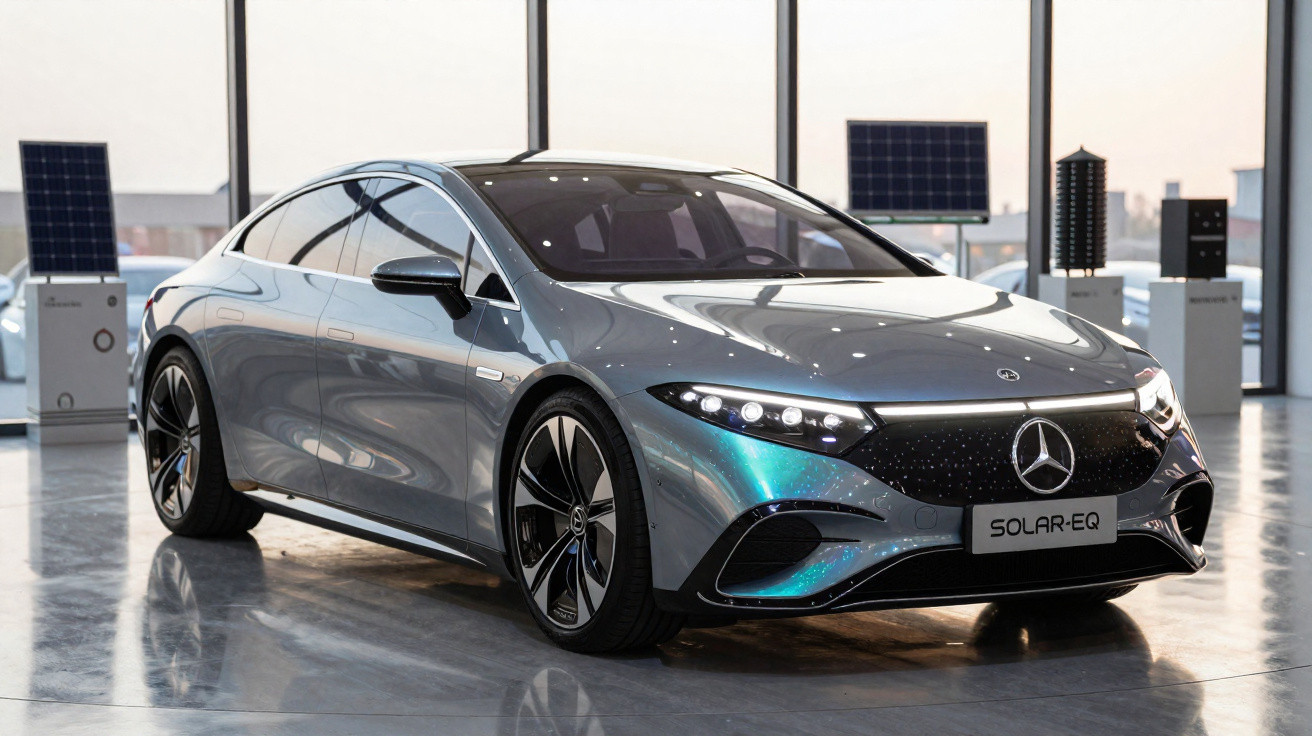 Carro elétrico Mercedes-Benz Solar-EQ prateado numa exposição com painéis solares ao fundo.