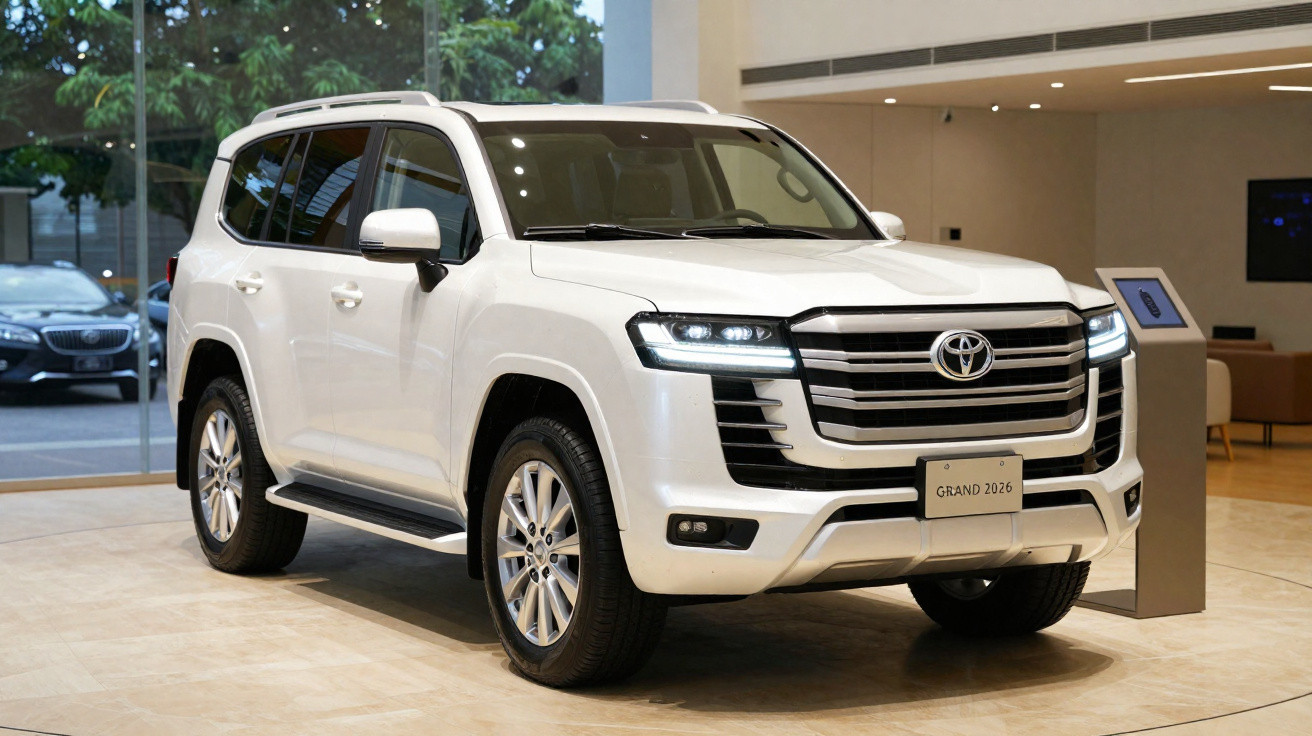 Veículo Toyota SUV branco modelo Grand 2026 exposto em showroom moderno com iluminação interior.