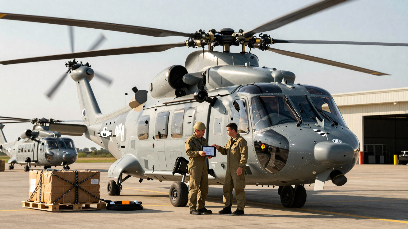 Helicópteros militares cinzentos estacionados numa pista com duas pessoas em uniforme a dialogar.