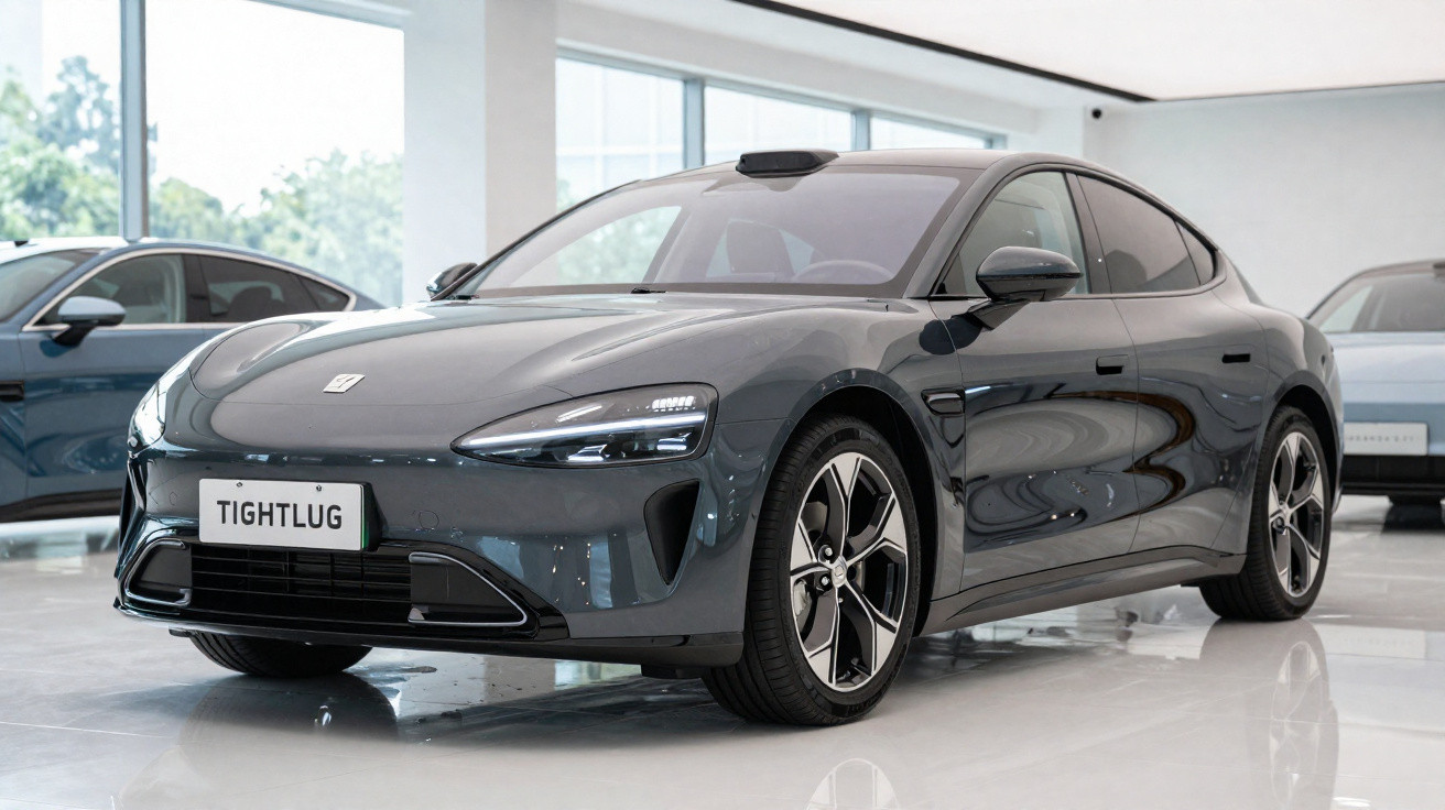 Carro elétrico cinza escuro estacionado em interior com janelas panorâmicas e piso refletor.