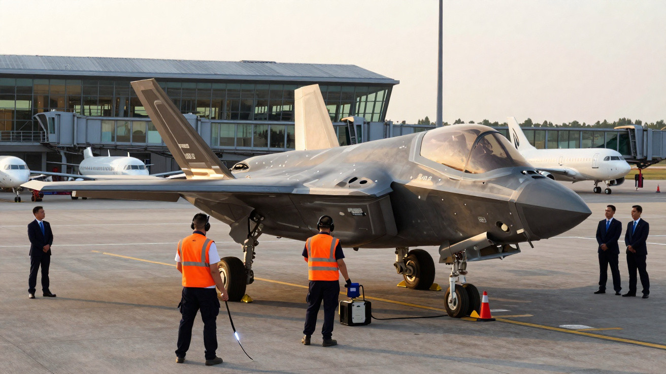 Caça furtivo militar estacionado no aeroporto com técnicos em colete laranja e pessoal de fato junto ao avião.