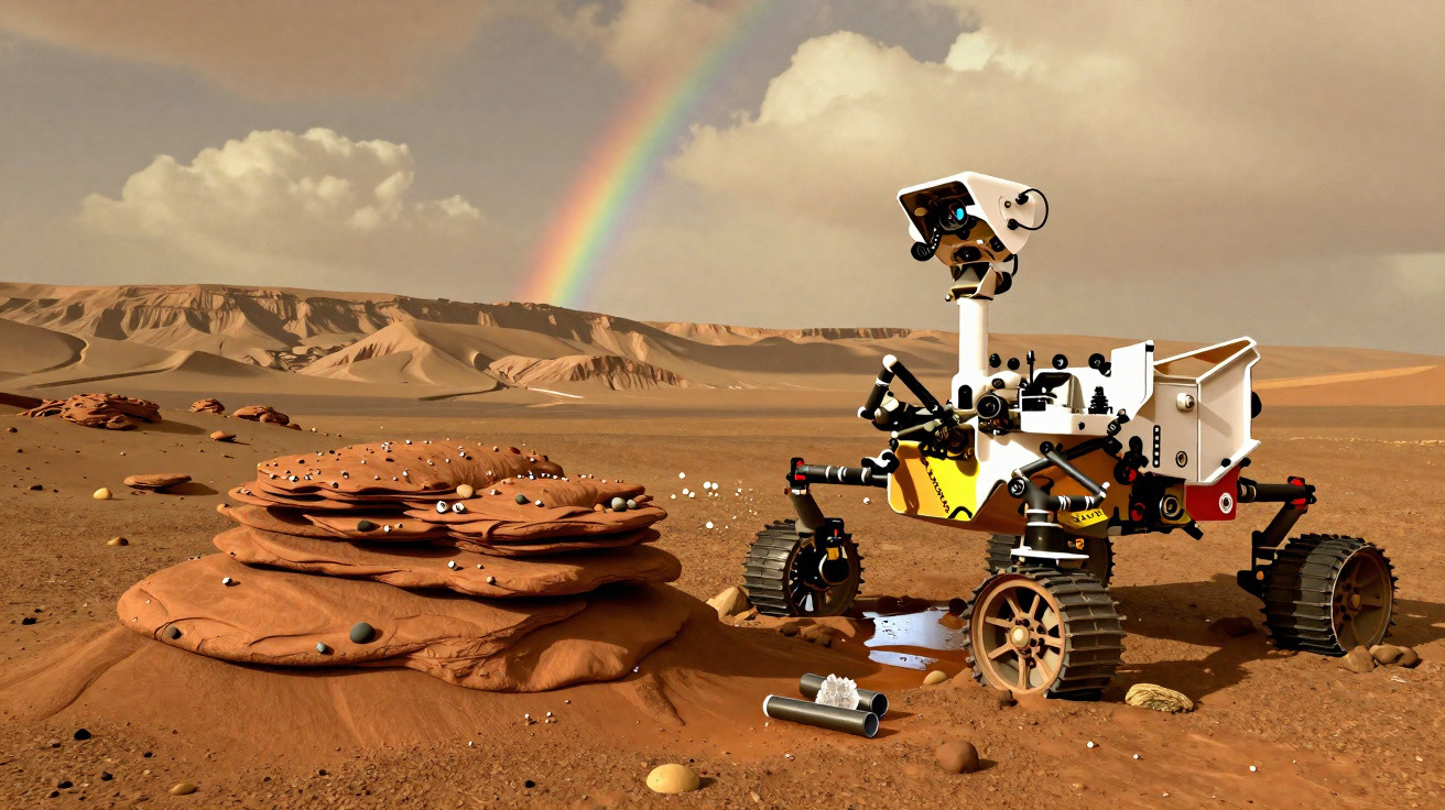 Rover exploratório em Marte perto de formações rochosas com arco-íris no céu nublado.