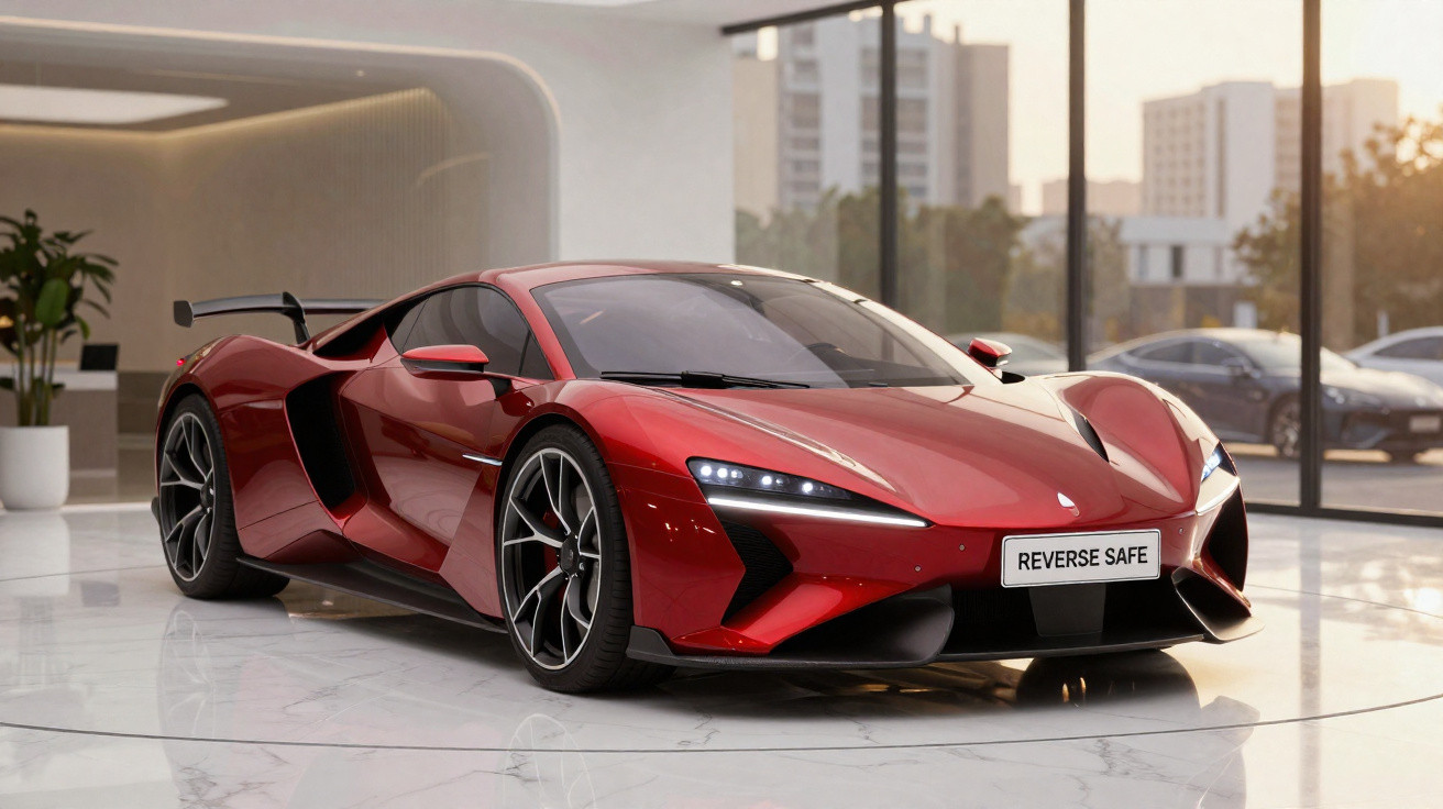 Carro desportivo vermelho brilhante com faróis LED, rodas grandes, em ambiente interior moderno e iluminado.