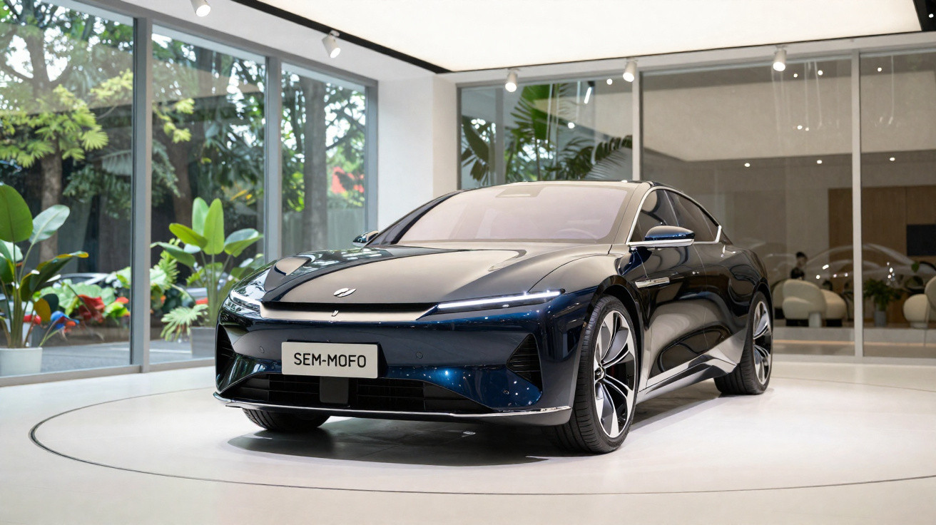 Automóvel elétrico moderno de cor azul escuro exibido num espaço interior com grandes janelas e plantas.