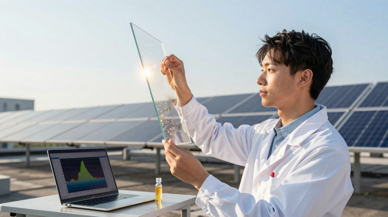 Homem com bata branca analisa painel solar transparente ao sol, com laptop e frasco numa mesa ao lado.