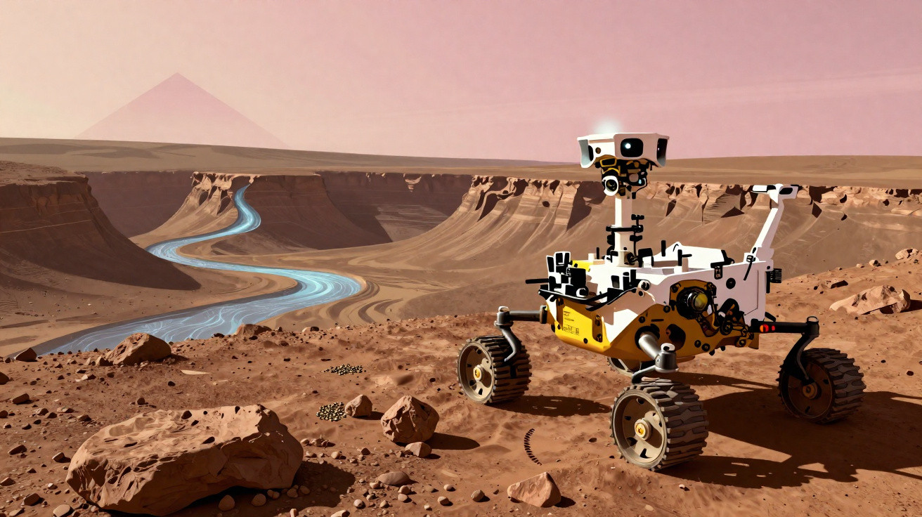 Rover da NASA explorando uma paisagem marciana árida com rochas, cânions e um rio sinuoso ao fundo.