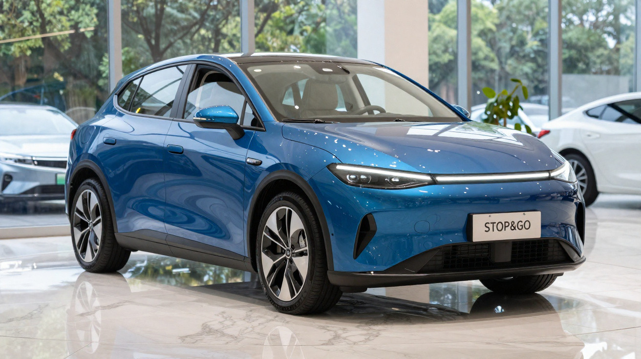 Carro elétrico azul brilhante estacionado em interior moderno com janelas grandes e outro carro ao fundo.