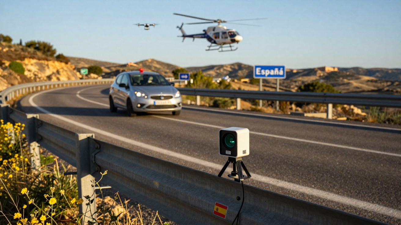 Câmara de controlo de velocidade numa estrada com carro, drone e helicóptero, sinal de Espanha ao fundo.
