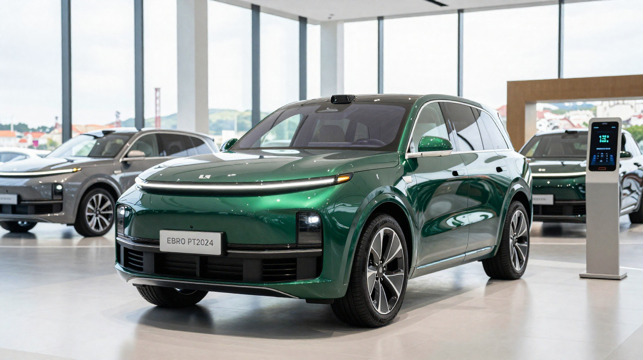 Carro elétrico verde estacionado dentro de uma showroom moderna e luminosa, com outros veículos ao fundo.