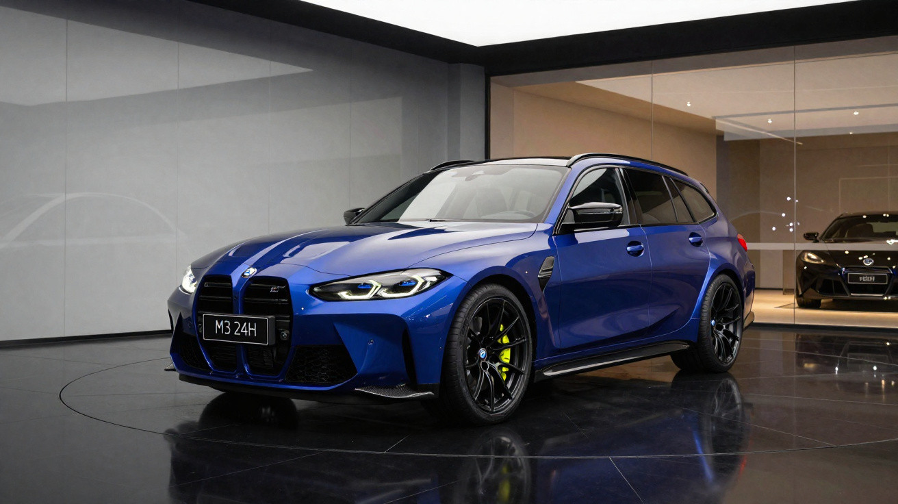 Carro BMW M3 Touring azul intenso estacionado em showroom moderno com chão espelhado.