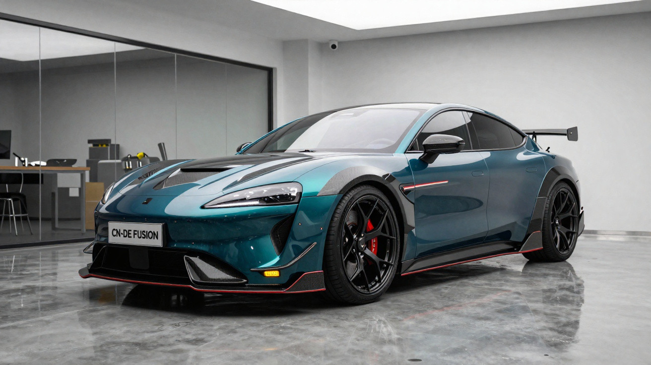 Carro desportivo azul metálico com detalhes pretos e vermelhos estacionado em chão de cimento polido interior.
