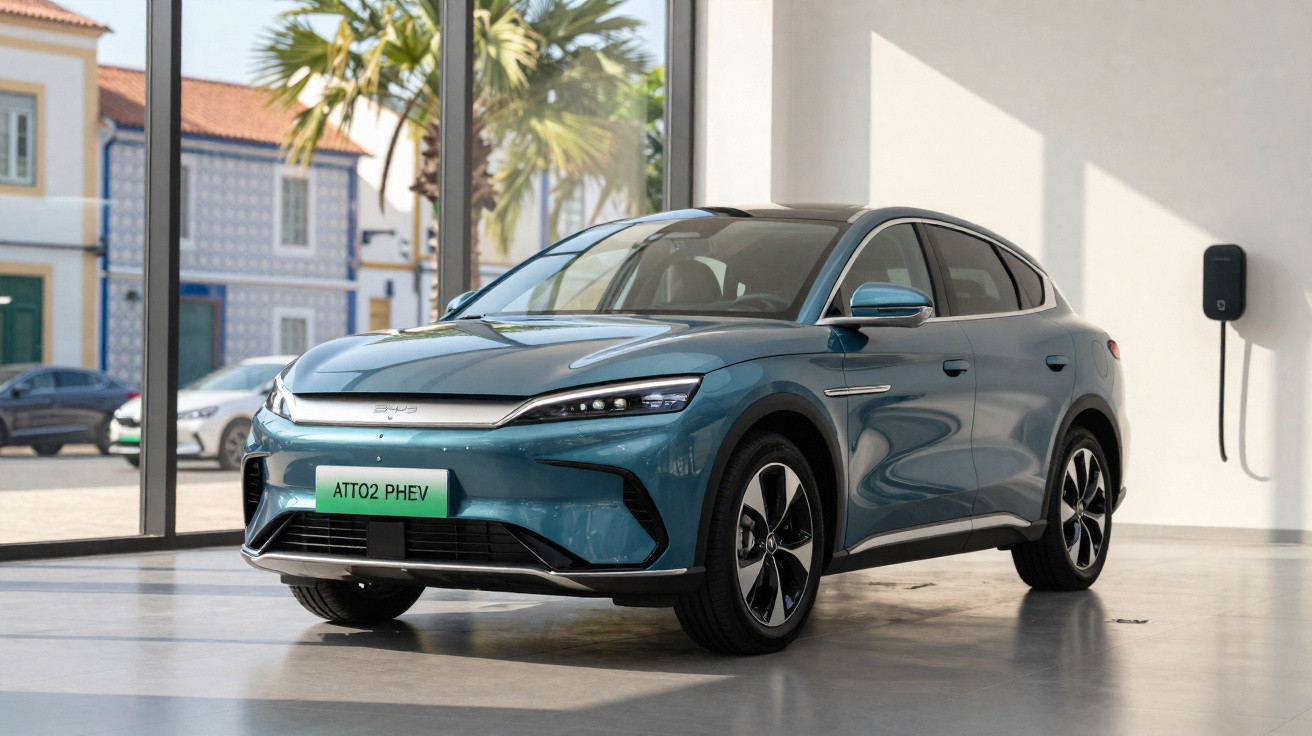 Carro elétrico azul estacionado num espaço interior moderno com pontos de carregamento na parede branca.