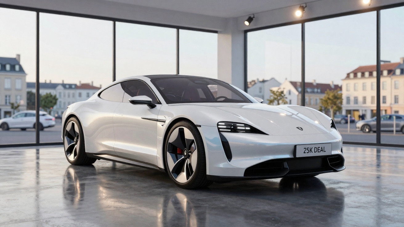 Carro desportivo elétrico branco estacionado numa sala de exposição com grandes janelas panorâmicas.