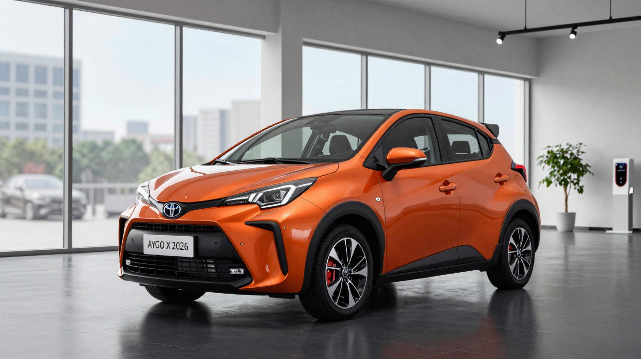 Carro Toyota Aygo X 2026 cor laranja exibido num showroom moderno com janelas amplas.