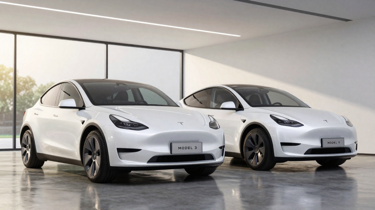 Dois carros eléctricos Tesla brancos estacionados num showroom com janelas amplas e chão brilhante.