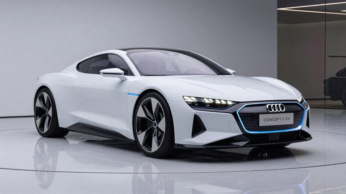 Carro desportivo elétrico Audi Concept C EV branco num showroom moderno com luzes LED.