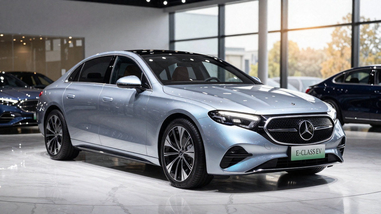 Automóvel Mercedes-Benz E-Class EV cinzento estacionado em sala de exposição iluminada.
