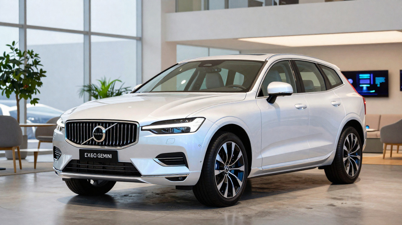 Carro Volvo EX60 Gemini branco estacionado num espaço moderno interior com janelas grandes.