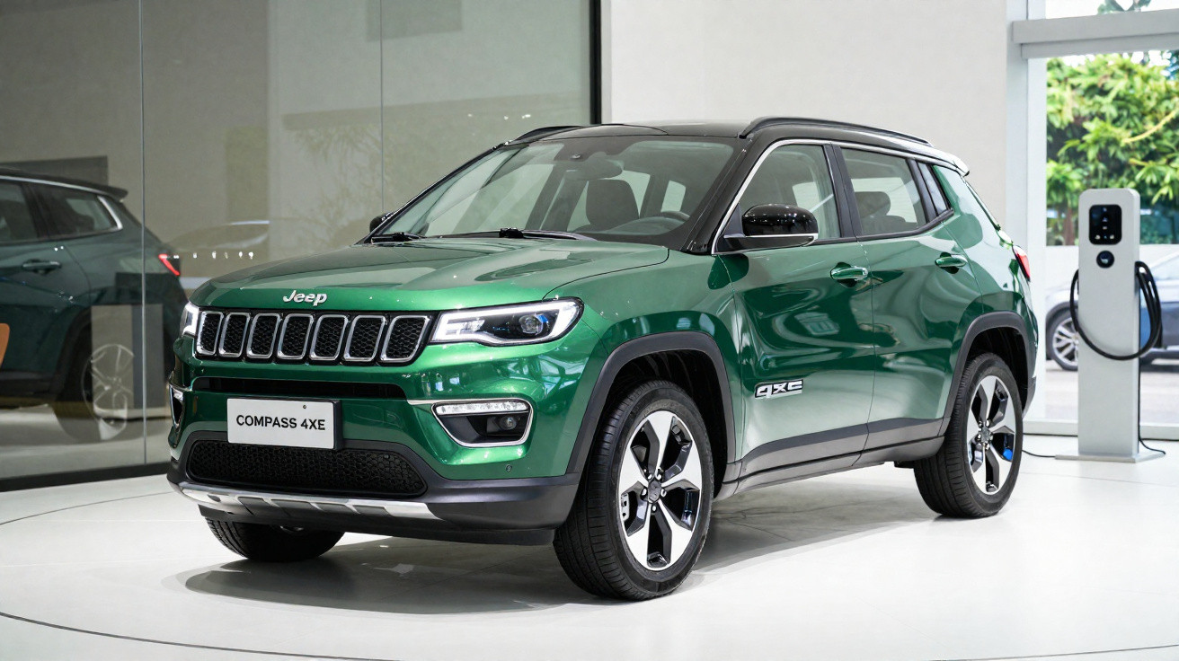 Jeep Compass 4XE verde estacionado em showroom moderno com posto de carga elétrico ao lado.