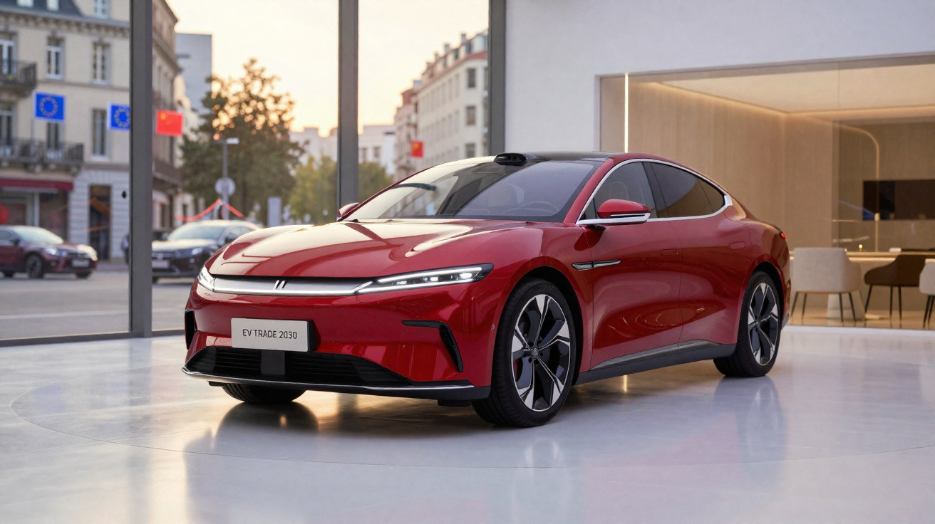 Carro elétrico desportivo vermelho exposto em showroom moderno com vidro e cadeiras ao fundo.