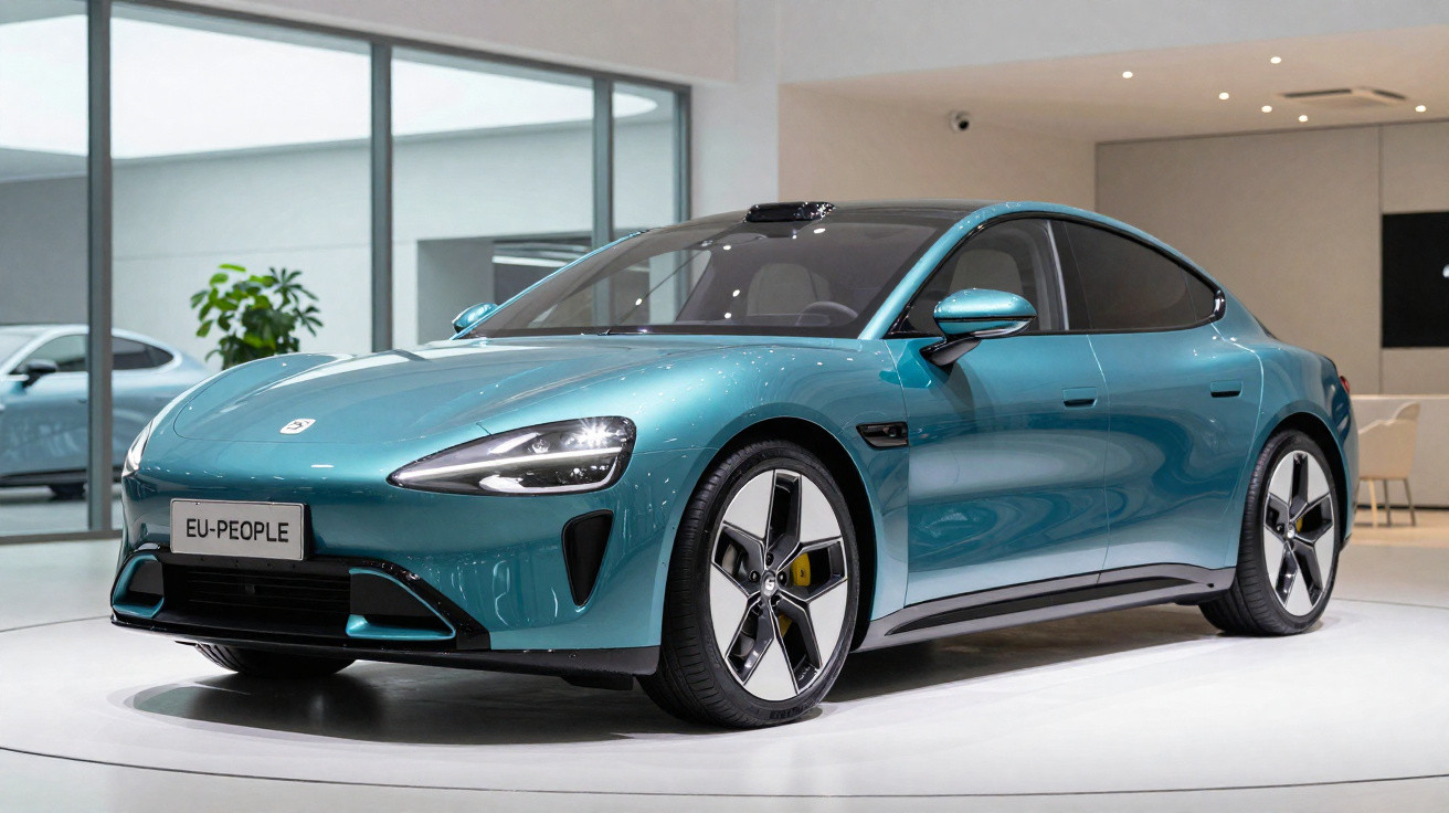 Carro elétrico azul metálico exibido em salão moderno, com design aerodinâmico e rodas grandes.