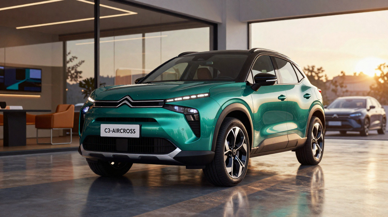 Carro Citröen C3 Aircross verde num ambiente interior com janelas grandes e iluminação natural ao fim da tarde.