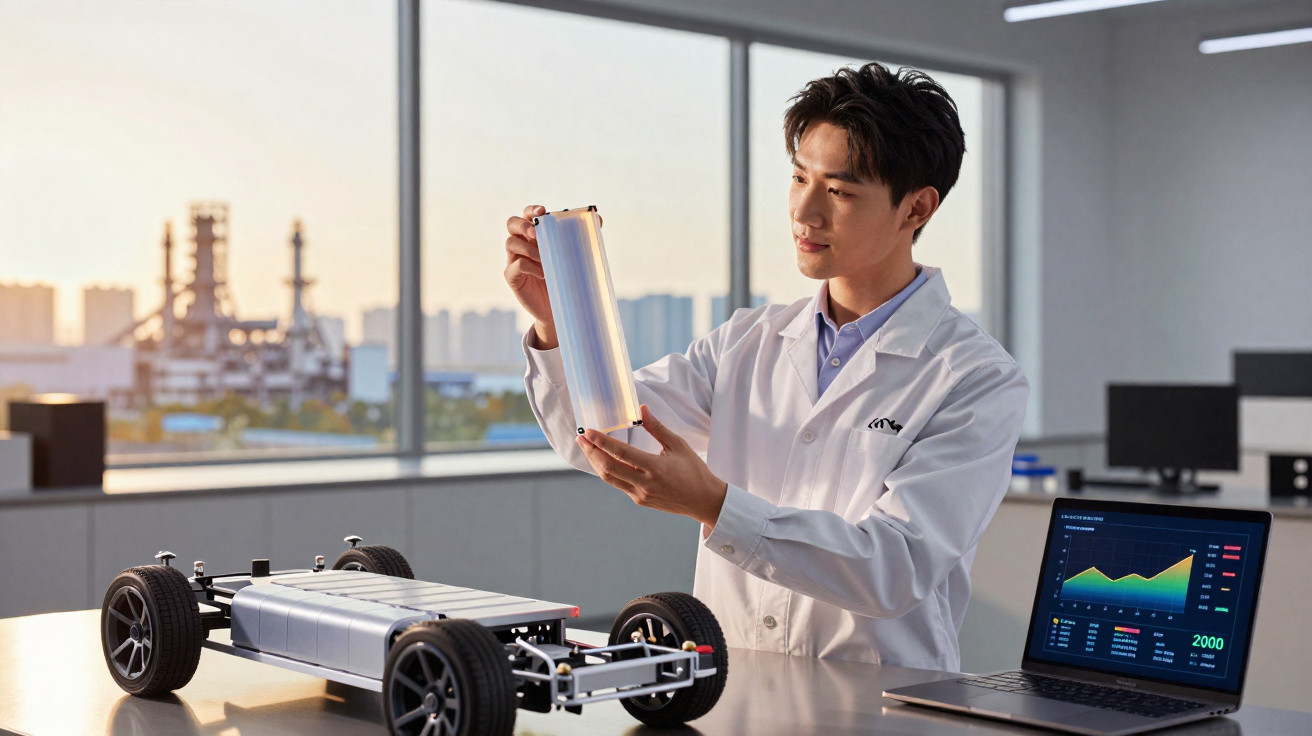 Homem com bata branca segura célula de bateria junto a chassis elétrico e computador com gráfico em laboratório moderno.