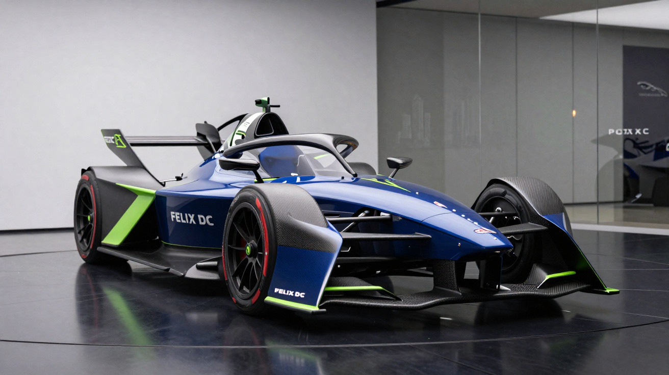Carro de corrida eléctrico azul e preto com detalhes verdes exposto num salão moderno.